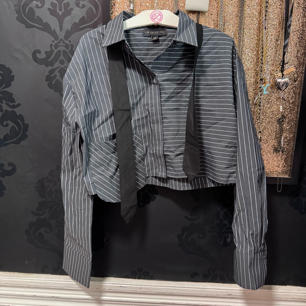 The Vintage Shop Cropped Striped Collared Dress Shirt